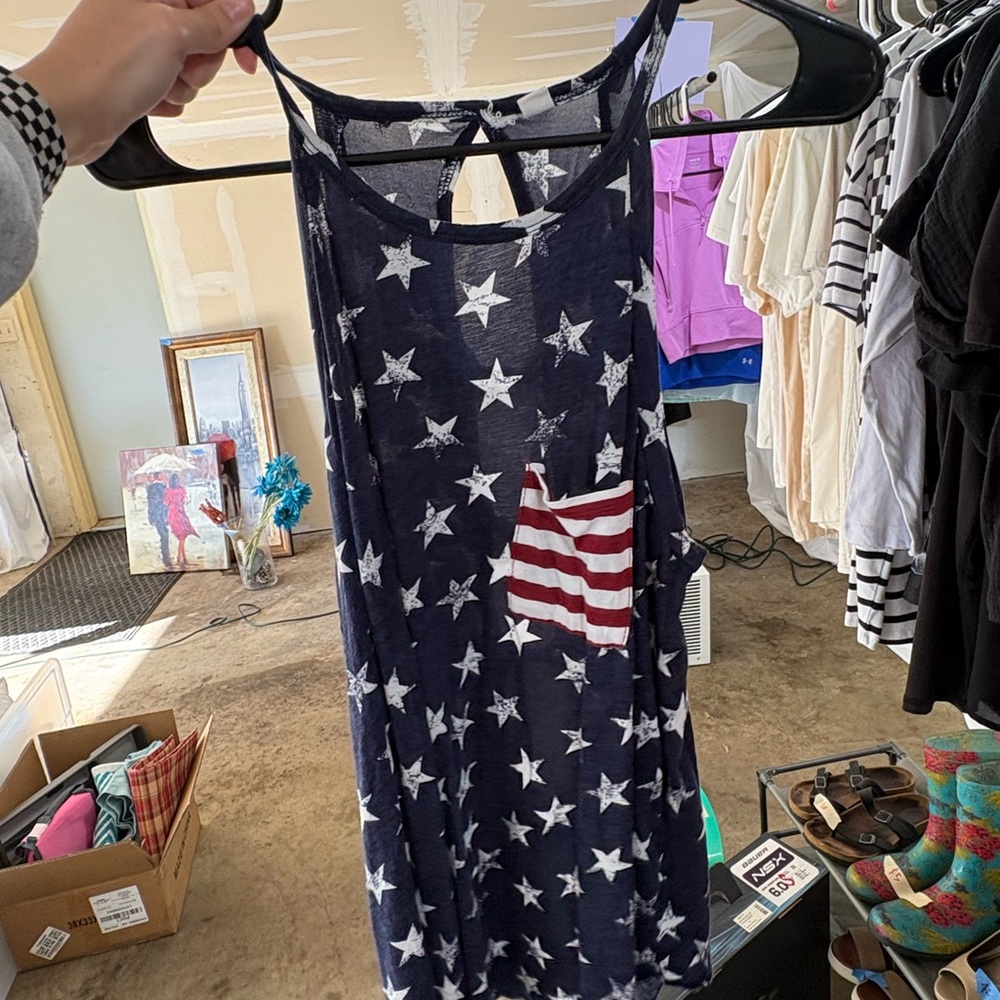 Navy Star Print Tank Dress with Striped Pocket